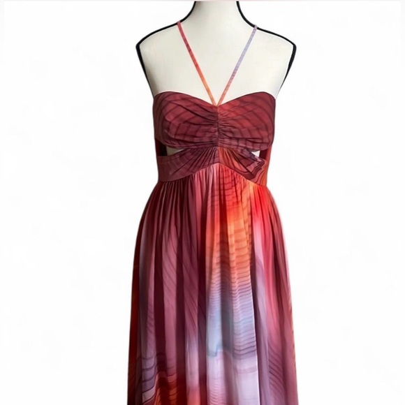 Aidan Mattox Maxi Dress SzXS Geometric Pattern Chiffon Front Slit Strapless Gown - Picture 3 of 8